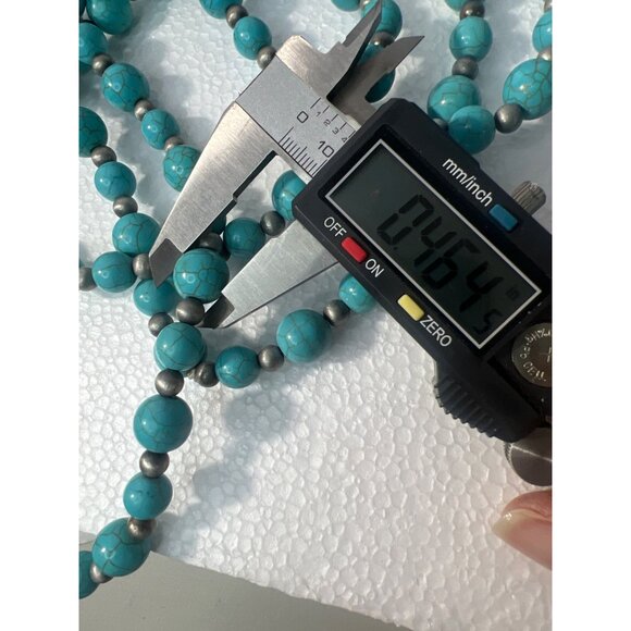 Beaded Statement Necklace Faux Turquoise & Silver Spacers 48" Southwestern Boho - Picture 4 of 5